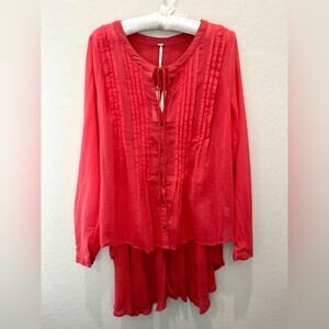 FREE PEOPLE | Coral Pink Pintuck Boho High Low Blouse NWT | Size Medium